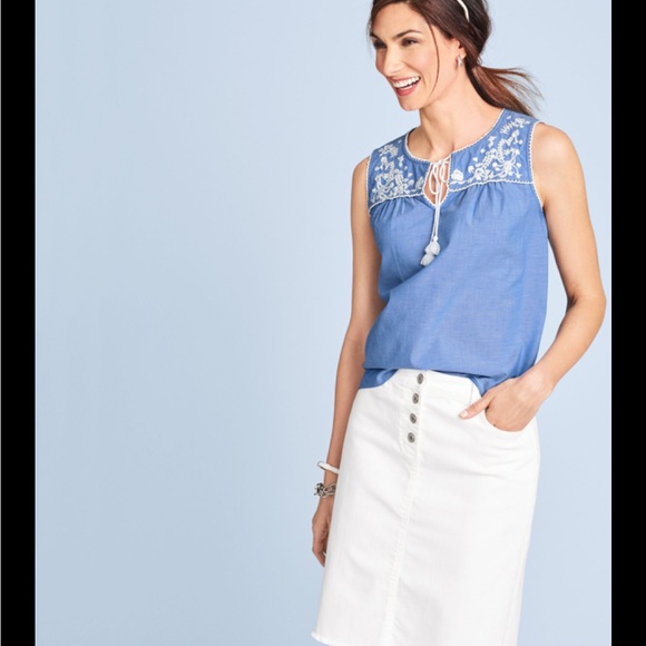 Talbots Tops - TALBOTS Tank Top 1XP Chambray Embroidered Tassel Tie Popover Shell Cotton Blue